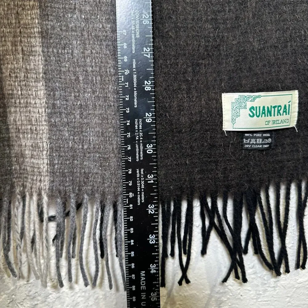 Suantrai of Ireland 100% Wool Woven Fringe Scarf Neutral Brown Gray